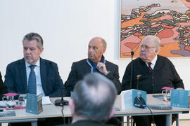José María Ruiz Povedano, Javier Ramírez y Eugenio Chicano. Mesa redonda de la exposición "Paisajes Andaluces" de Eugenio Chicano. Museo del Patrimonio Municipal. Febrero de 2017