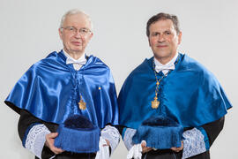Retrato de Francisco José Palma y Jean-Marie Lehn tras su investidura como Doctor "Honoris Causa" por la Facultad de Ciencias de la Universidad de Málaga. Edificio del Rectorado. Junio 2015
