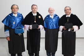 Retrato de José Ramón Ramos, Guillermo Cisneros, José Ángel Narváez y Antonio Luque previo a su investidura como Doctor "Honoris Causa" por la Facultad de Ciencias de la Universidad de Málaga. Edificio del Rectorado. Octubre de 2016