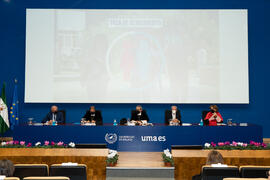 Mesa presidencial. Apertura del Curso Académico 2020/2021 de la Universidad de Málaga. Paraninfo. Septiembre de 2020