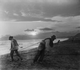 Playa de Pedregalejo. Sacando el copo. Tirando de la tralla. 1910. Málaga. España.