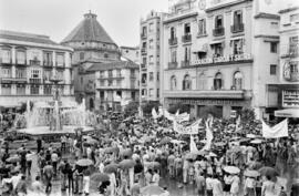 Manifestación de júbilo tras la inclusión de la Universidad de Málaga en el III Plan de Desarrollo. Noviembre de 1971. Málaga, España.