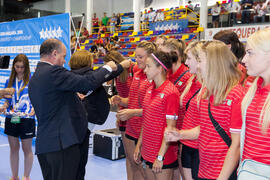 Entrega de medallas. Polonia tercera clasificada en la categoría femenina. Ceremonia de clausura del Campeonato del Mundo Universitario de Balonmano. Antequera. Julio de 2016