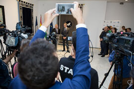 Rueda de prensa del ministro Pedro Duque y José Ángel Narváez en la Universidad de Málaga. Edificio del Rectorado. Junio de 2018