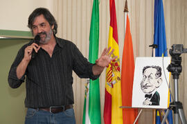 Ángel Idígoras en el espectáculo "Espejismos en su tinta. Magia dibujada". Facultad de Ciencias Económicas y Empresariales. Marzo de 2016