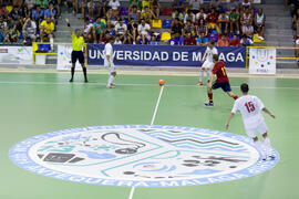 Partido España contra Bielorrusia. 14º Campeonato del Mundo Universitario de Fútbol Sala 2014 (FUTSAL). Antequera. Julio de 2014