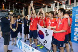 Corea del Sur segunda clasificada en la categoría masculina. Ceremonia de clausura del Campeonato del Mundo Universitario de Balonmano. Antequera. Julio de 2016