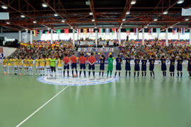 Jugadoras de España y Brasil. Partido Brasil contra España. 14º Campeonato del Mundo Universitario de Fútbol Sala 2014 (FUTSAL). Antequera. Julio de 2014