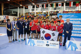 Corea del Sur segunda clasificada en la categoría masculina. Ceremonia de clausura del Campeonato del Mundo Universitario de Balonmano. Antequera. Julio de 2016