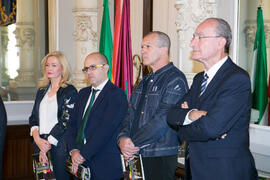 María Jesús Morales, Amador Carmona, Antonio Banderas y Francisco de la Torre. Entrega de los II Premios de Investigación de la Cátedra de Estudios Cofrades. Ayuntamiento de Málaga. Marzo de 2018