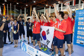 Corea del Sur segunda clasificada en la categoría masculina. Ceremonia de clausura del Campeonato del Mundo Universitario de Balonmano. Antequera. Julio de 2016