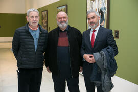 Salvador Montesa, Domingo Moreno y Vicente Martínez. Inauguración de la exposición "Aguatintas por Seguiriyas", de Eugenio Chicano. Palacio Episcopal de Málaga. Enero de 2019